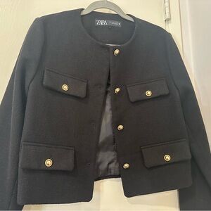 Zara Cropped Structured Black Blazer with Gold Accents